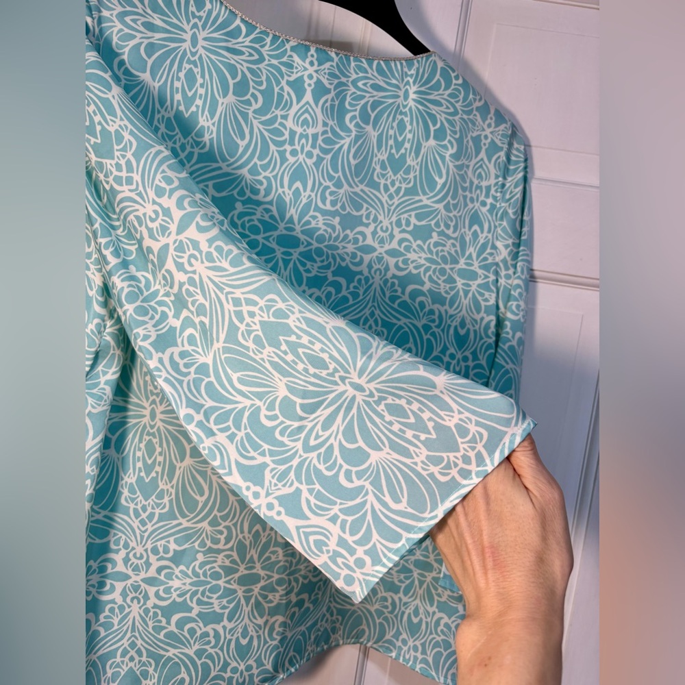 Chicos Split Neck Pullover Tunic Aqua Embroidered… - image 8